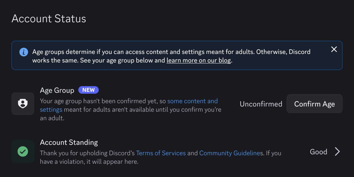Skærmbillede af Discord-kontostatus og indstillinger for aldersgruppe
