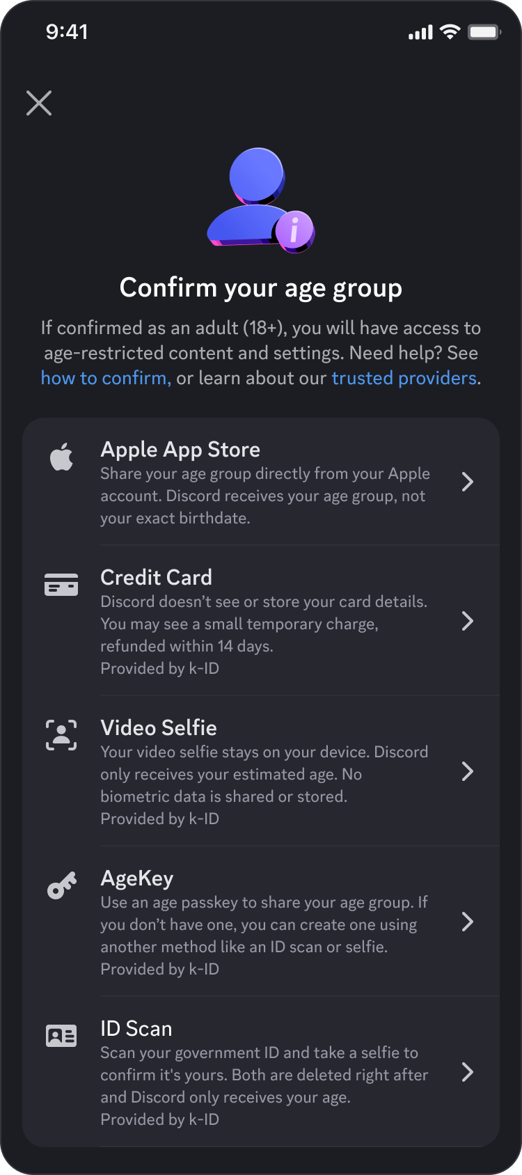 Opdaterede aldersverifikationsmuligheder i Discord-mobilappen