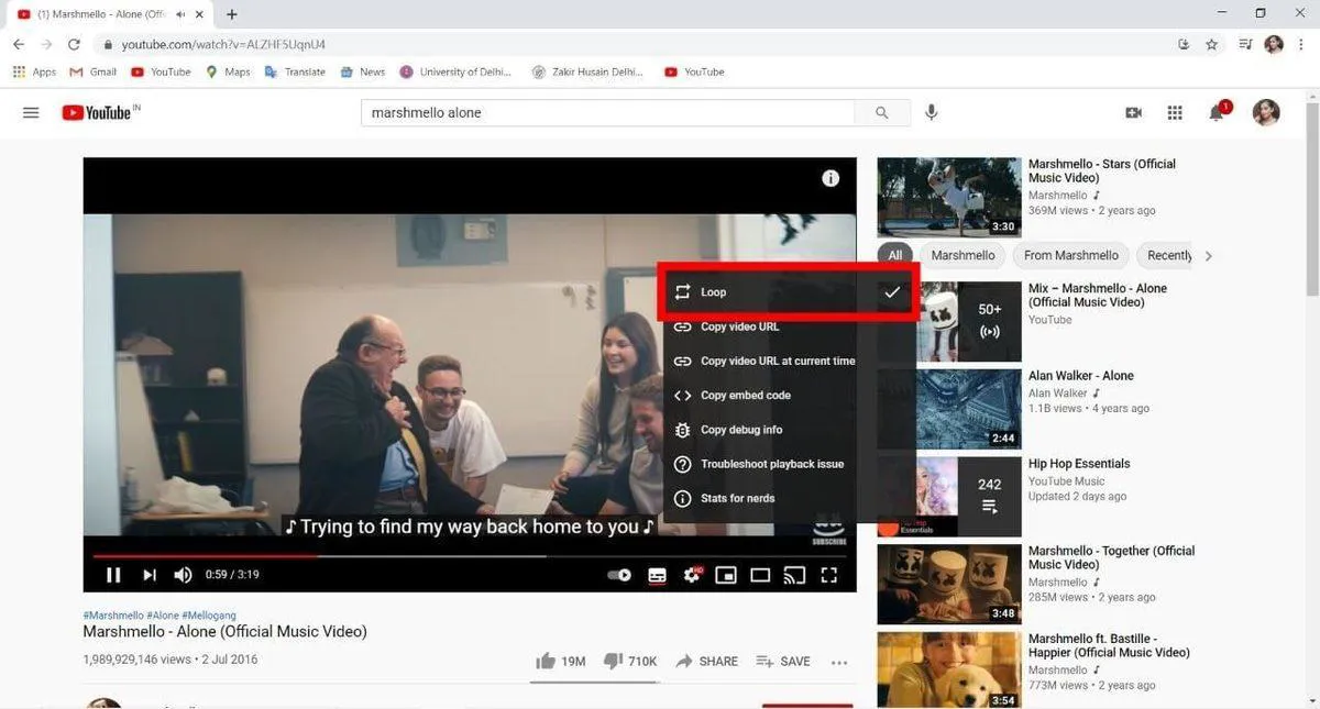 YouTube'i kordusseadete kontrolli ekraan